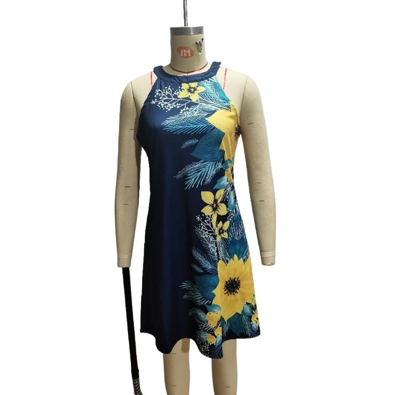 GMXIA Women's Fashion Casual Printed Hanging Neck Hollow Out Dresses