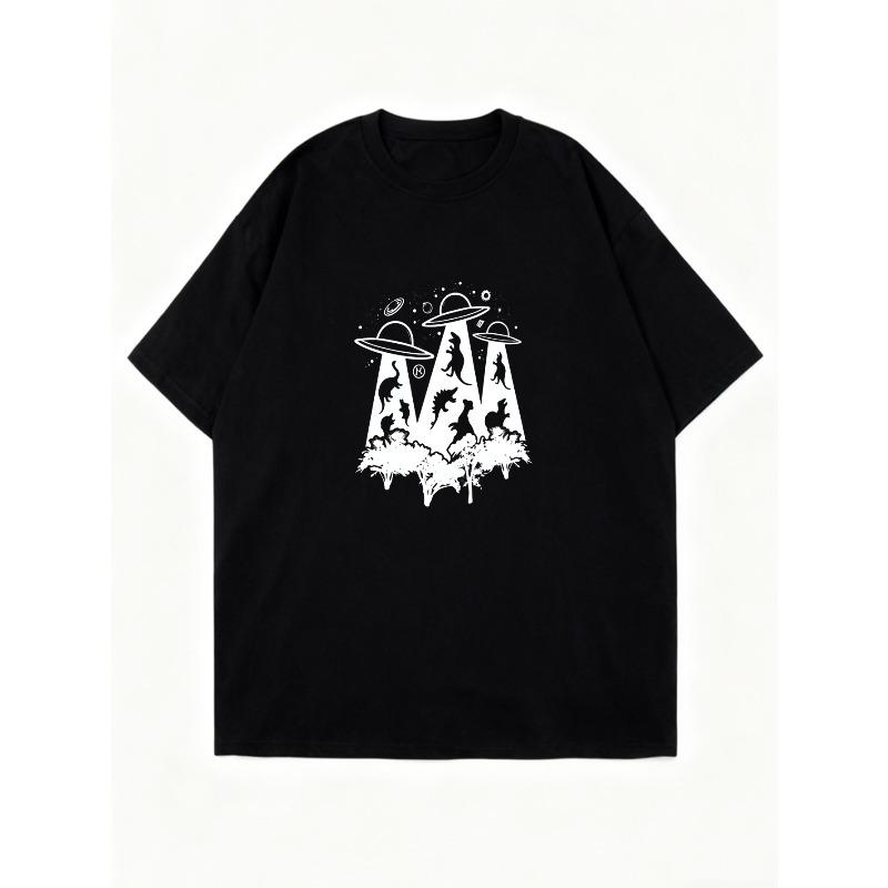 Oversized T Shirt Black UFO Abduction Pattern Casual Wear For Women