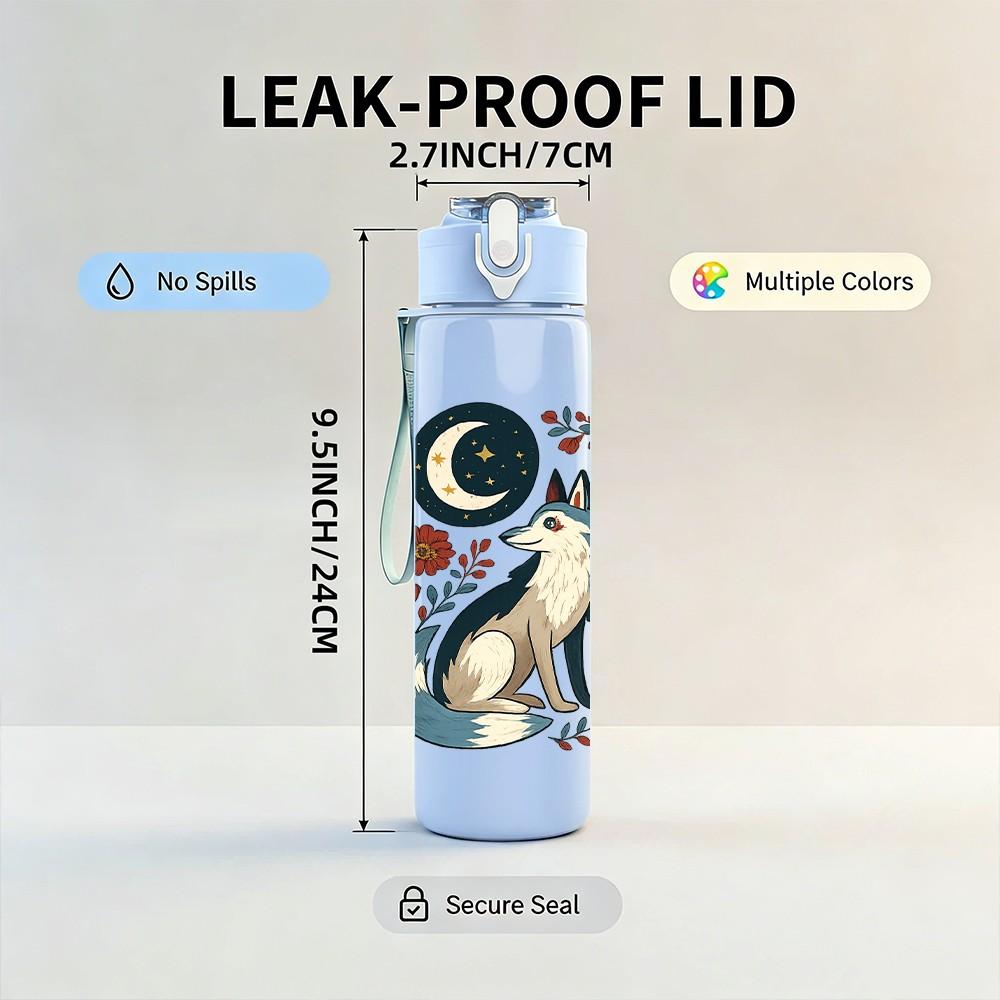 1PC Moon Floral Wolf Art 750ml Color Plastic Sports Water Bottle Leakproof Flip Straw Lid Suitable for Sports Office Home Use
