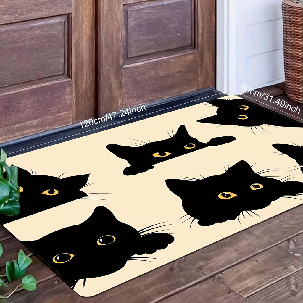 1 non-slip polyester doormat with black cats print - stain resistant, lightweight, dry cleanable for entryway, kitchen