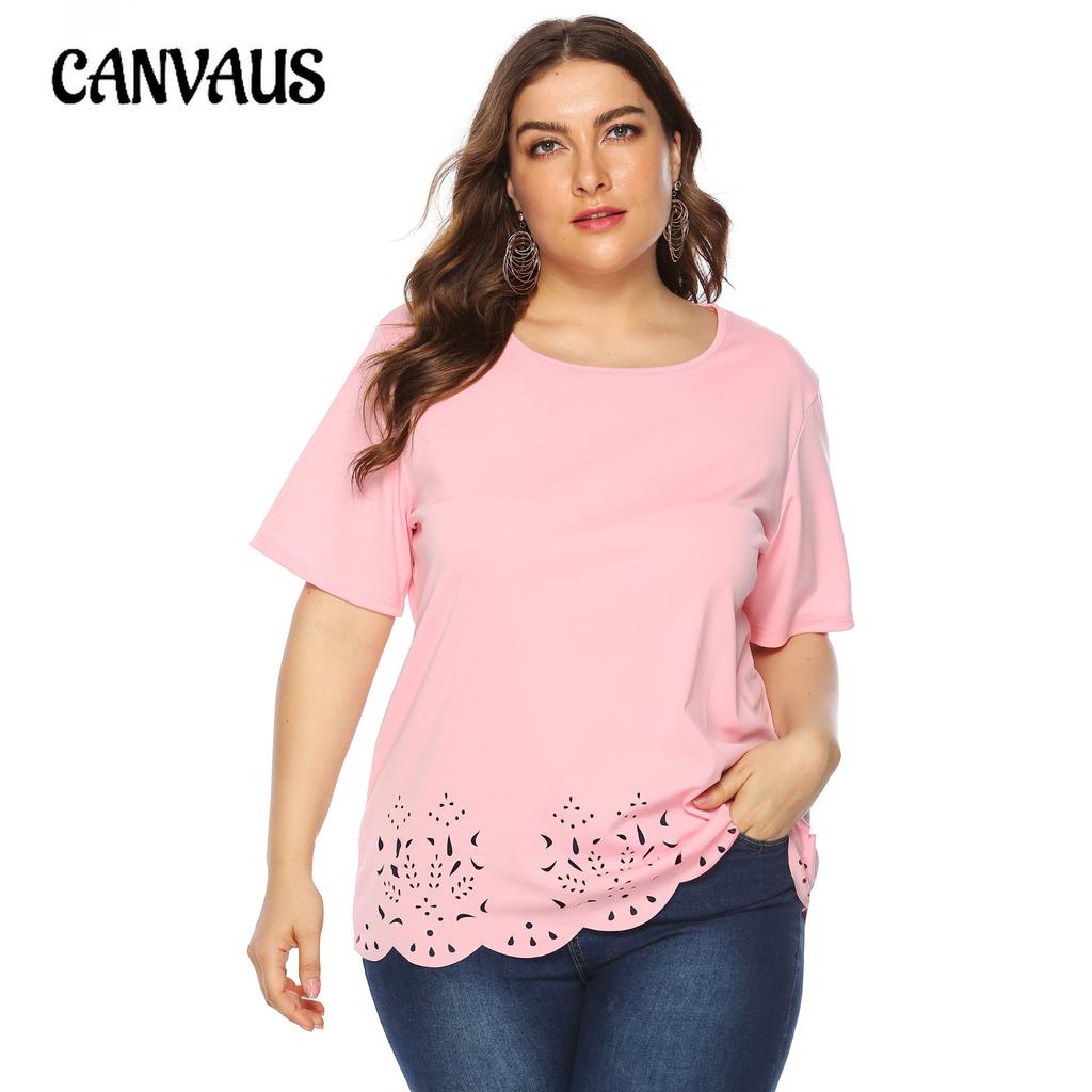 Frauen T-shirt Plus Größe Einfarbig Hohl Welle Rand Einfache Casual Rundhals Kurzarm T-shirt Tops