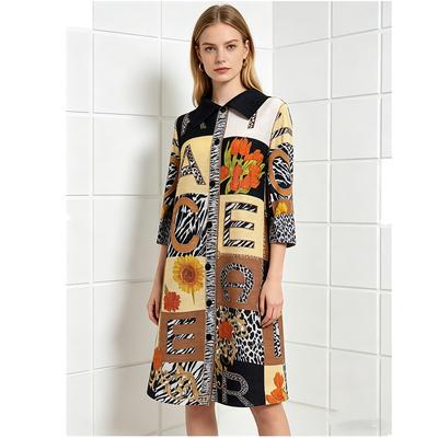 Vestidos de Verano Otoño con Pliegues y Caída para Mujer Moda Bloques de Color Estampado Solapa Manga 3/4 Un Botón Vestido Camisa