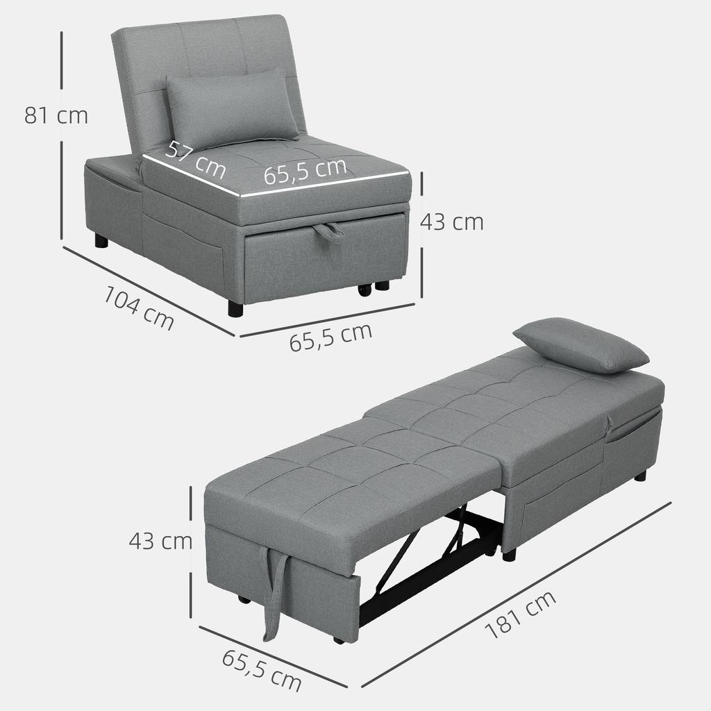3-in-1 Folding Chair with Side Pocket, Guest Bed with Cushion, Adjustable Backrest, Bed Chair with Casters, Light Gray
