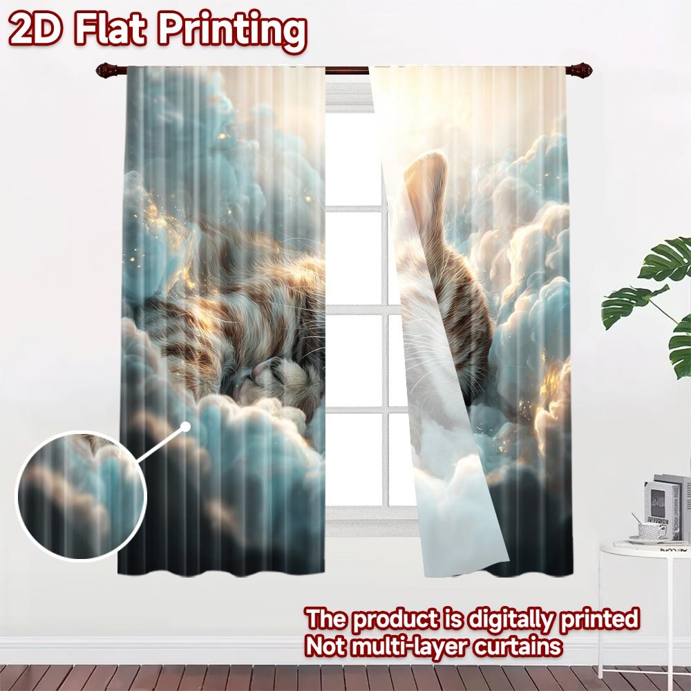 2D flat printing 2pcs Window Curtains Cute Cat Sleeping Peaceful Clouds Digital Printed Polyester Drapes Birthday Party Use for
