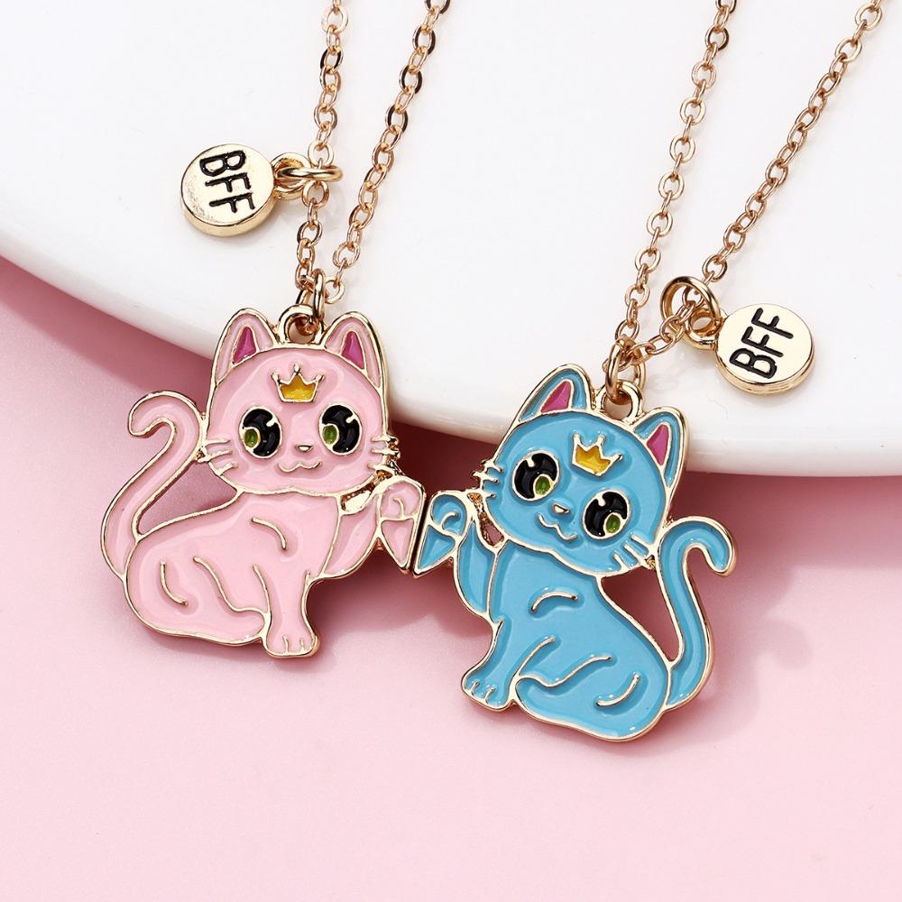 2pcs Set Cute Cartoon Colorful Crown Kitten Magnetic Attraction Pendant Necklace for Girl Child Women Friends Jewelry Sets Gifts