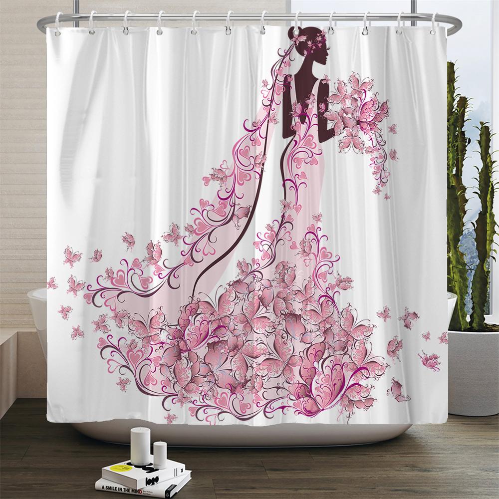 Butterfly Flower Girl Bathroom Curtain Polyester Waterproof Fabric Shower Curtain Valentine's Day Heart Pattern Bathtub Screen