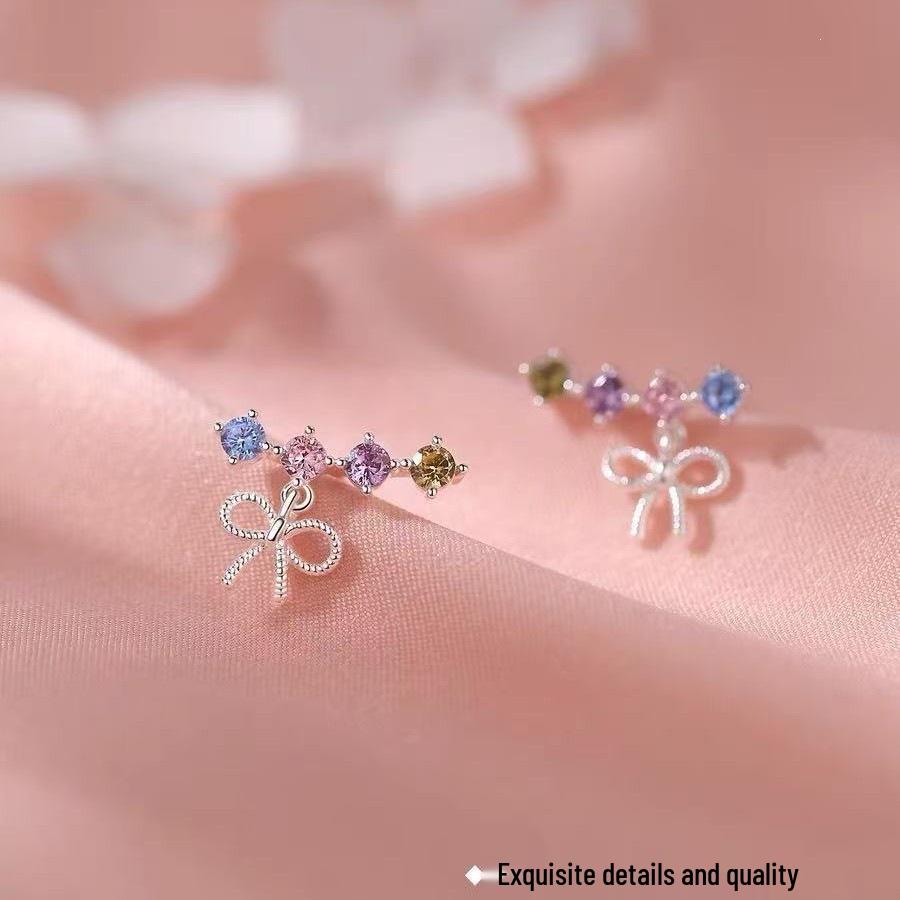 925 Sterling Silver Colorful Diamond Bow Stud Earrings for Women - 2026 Trendy Niche Design