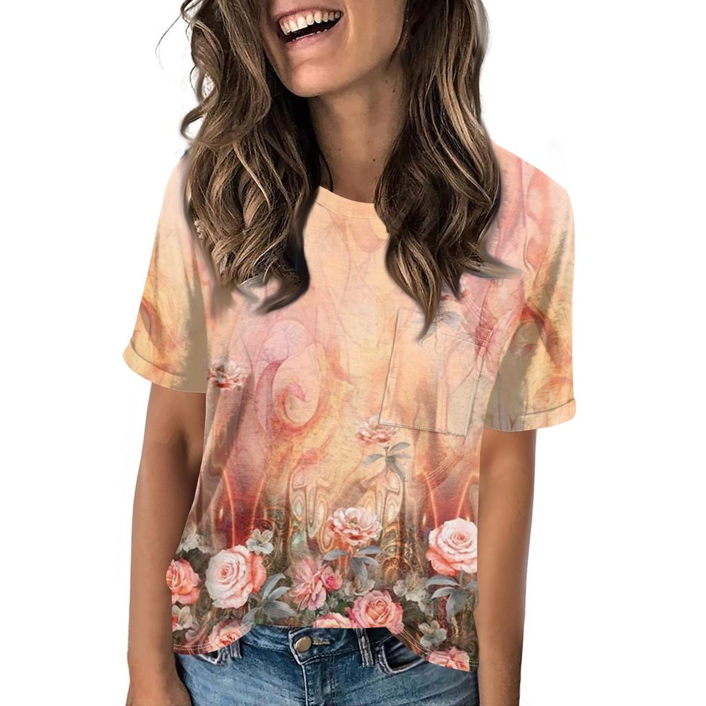 Women's Pocket Floral Print Summer Short Sleeved Round Neck Casual Loose T-shirt Top