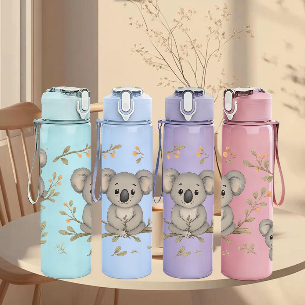 1 PZ Koala Grigio Foglia di Eucalipto 750ml Plastica Colorata Borraccia Sportiva Tappo Flip-Top a Cannuccia Anti-perdita Adatta per Sport Ufficio Uso Domestico
