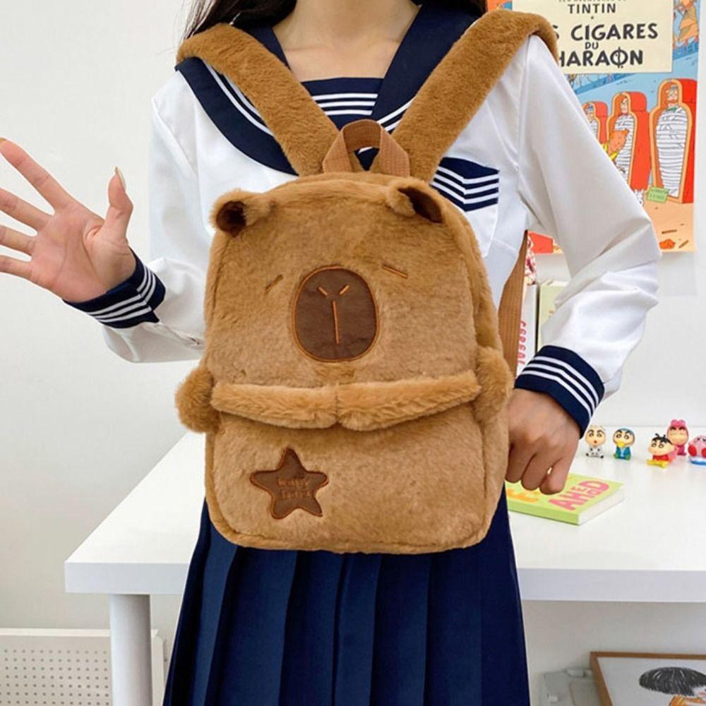 Kawaii Cartoon School Bag Large Capacity Shoulder Bag All-match Capybara Plush Backpack  Girls