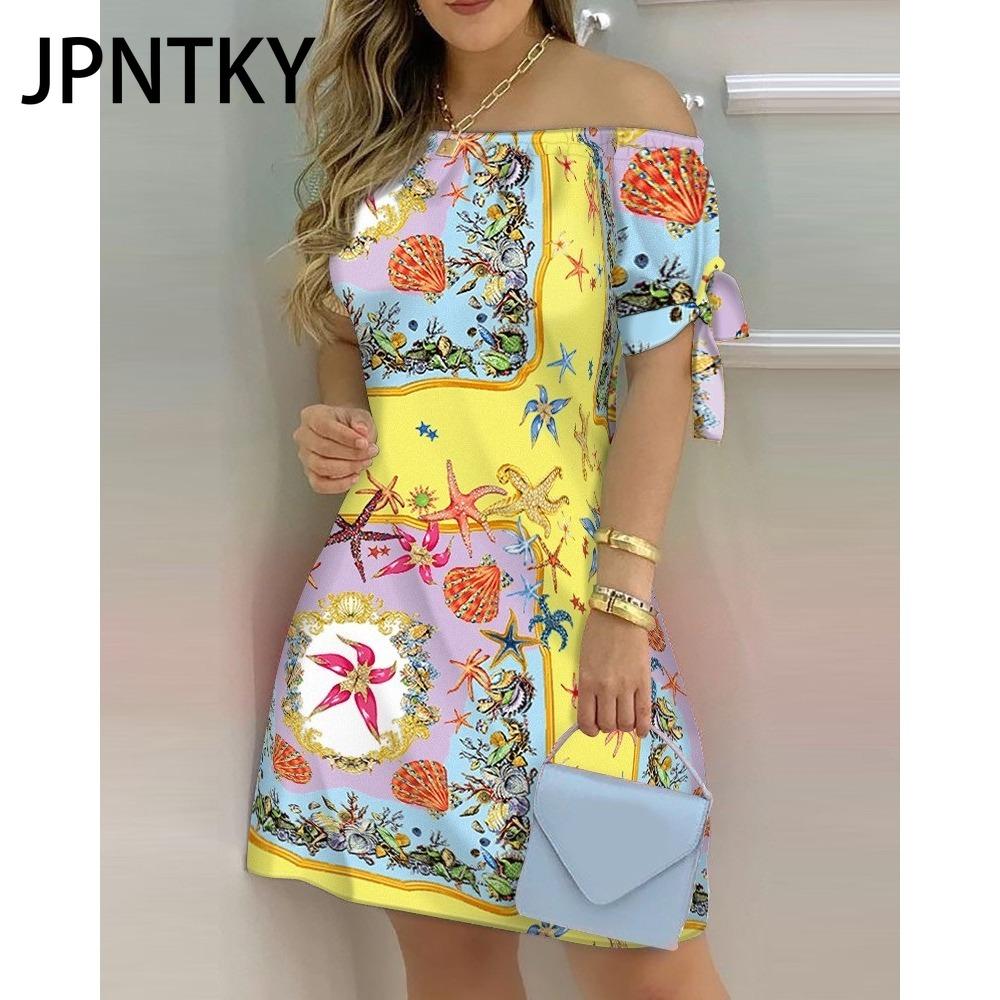 JPNTKY Women Fashion Off Shoulder Dress Short Sleeve Bow Tie Print Dresses Summer Beach Dresses Plus Size