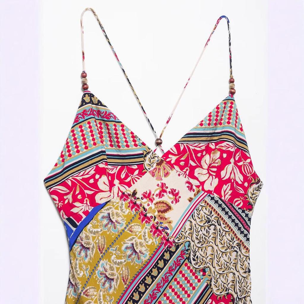 2025 Spring Women's Spaghetti Strap Print Midi Dress - European & American Style Fashion