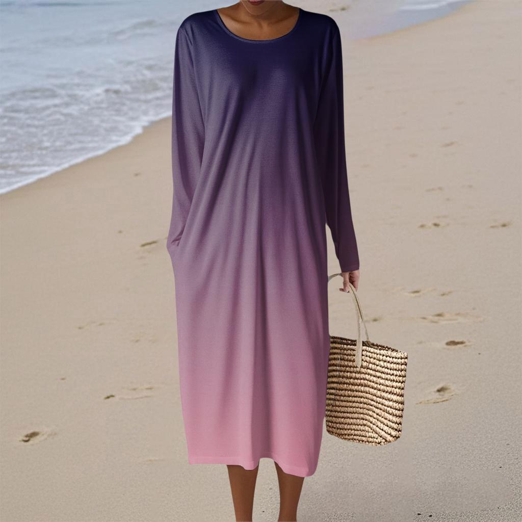 Women's Fashion Casual Long Sleeve Gradient Round Neck Pocket Elegant Temperament Dress