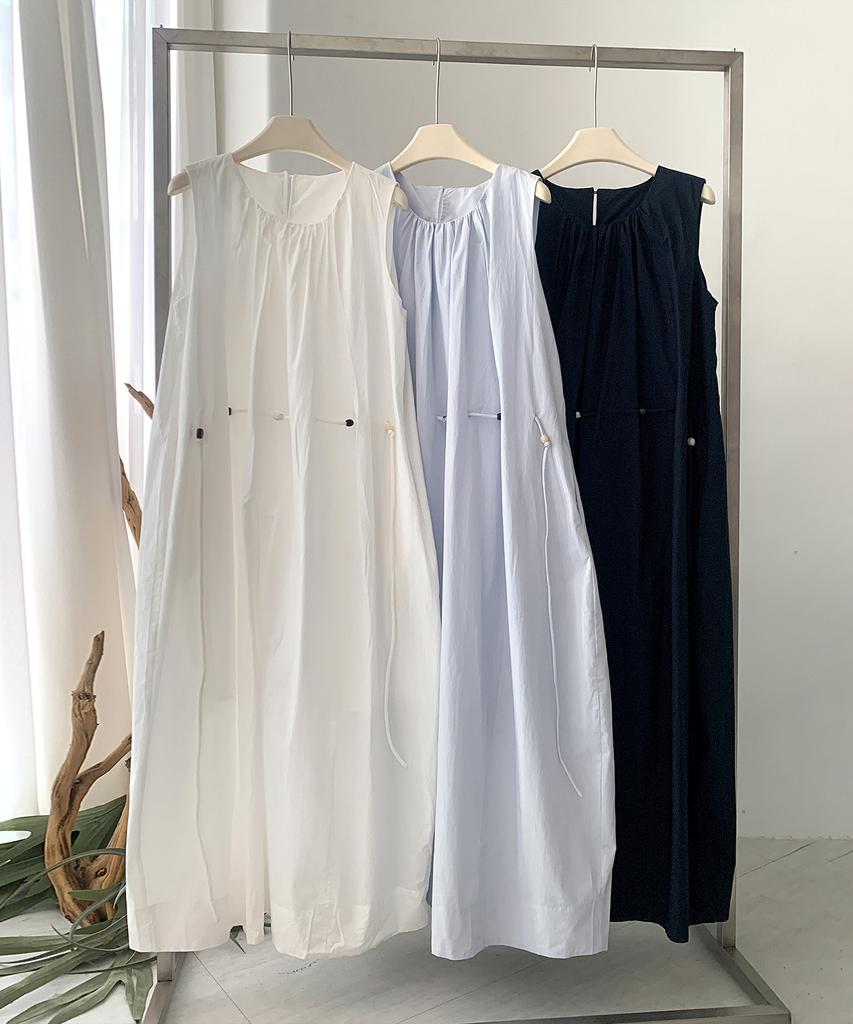 Baseukala Shirring Stone Sleeveless Long Dress (3Colors)