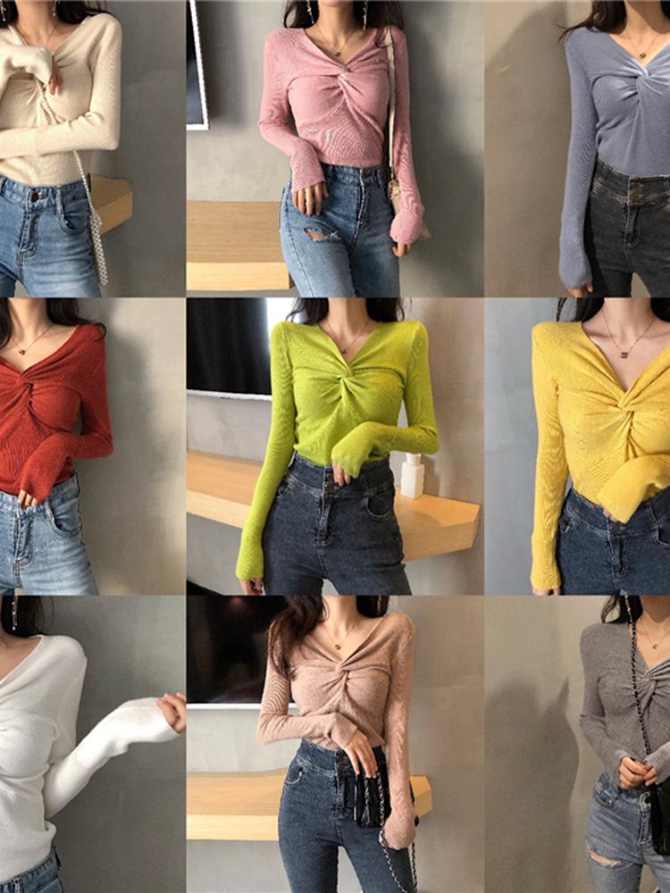 Stylish Women's V-Neck Long Sleeve Knit Top, Slim Fit T-Shirt for Autumn 2026