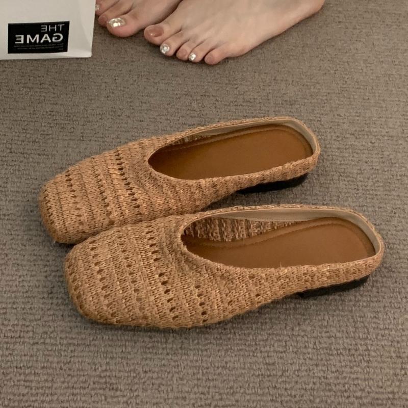 

Fashion Weave Women Flats Slippers Elegant Shallow Mules Shoes Summer New Fashion Flip Flops 2025 Walking Cozy Soft Sandalias De Mujer 40 коричневый