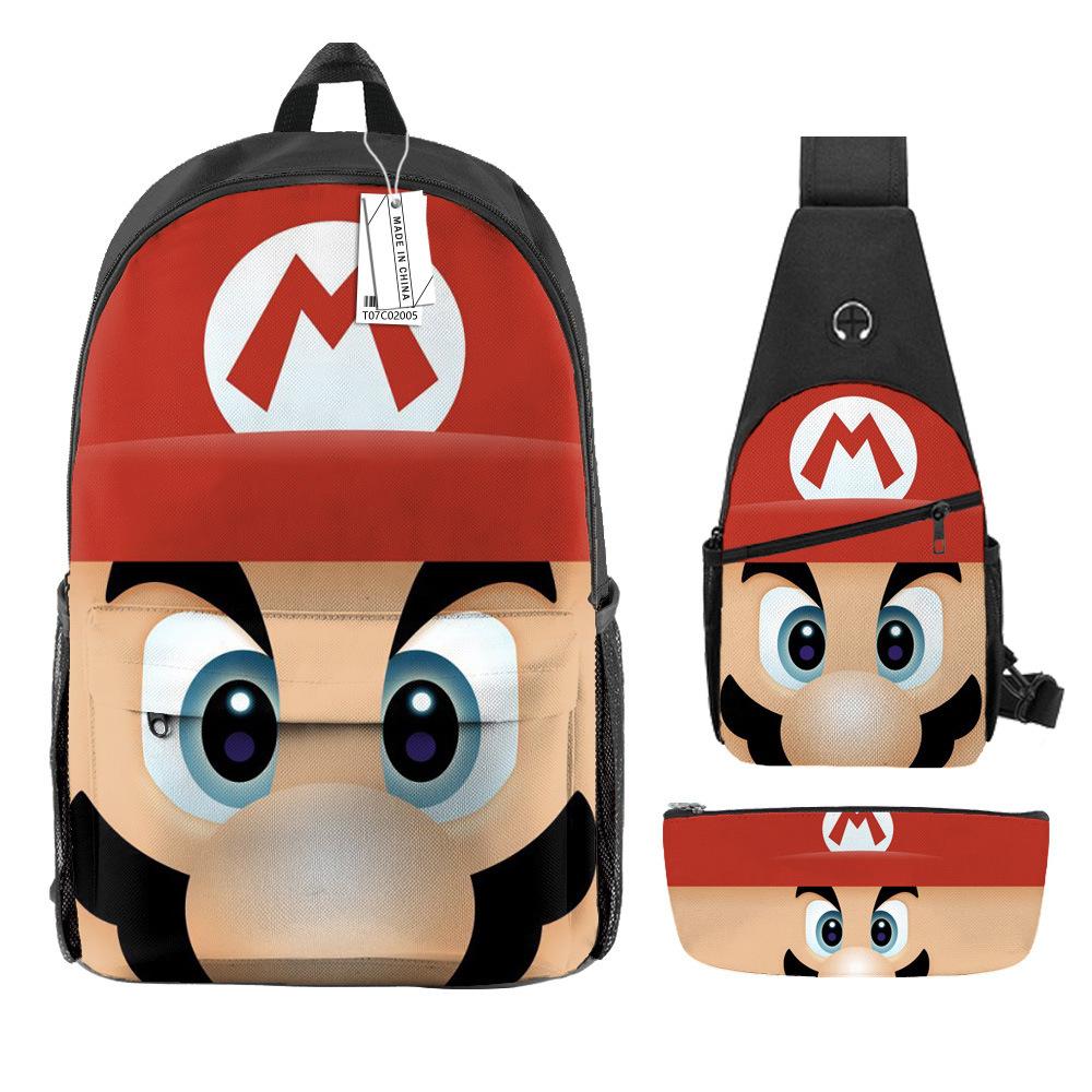 Animation Backpack, Super Mary Primary School Student Print Children'S Backpack Satchel Pencil Case Three-Piece Set