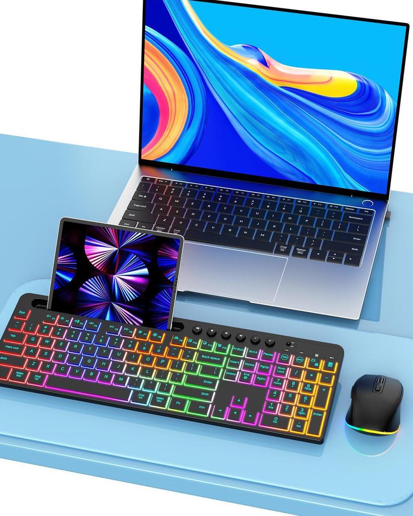 Ergonomic Colorful Backlit Wireless Keyboard and Silent Mouse Combo with Charging Feature