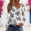 Women Plus Size White Floral Printed Asymmetric Cutout Neck Cold Shoulder Long Sleeve Fitted Top