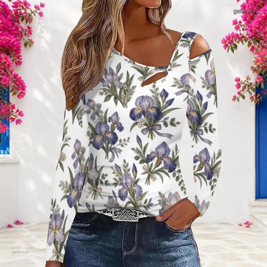 Women Plus Size White Floral Printed Asymmetric Cutout Neck Cold Shoulder Long Sleeve Fitted Top