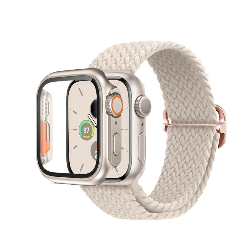 Nylon Strap And PC Case Elastic Woven Bracelet Protective Cover For Apple Watch Series 9 8 7 6 5 Se 4 I Watch 45mm 44mm 40mm 41mm