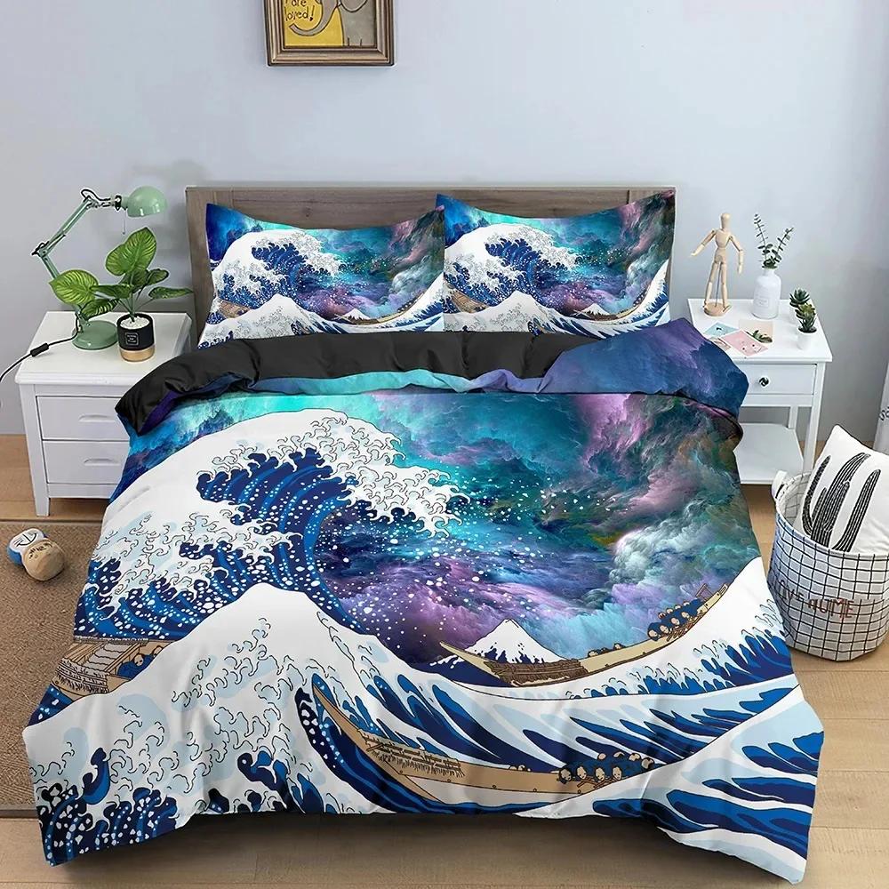 Big Wave Japanese Art Abstract Comfortable Duvet Quilt Cover Pillowcase Bedding Set Children Bedroom Decoration Home Textile