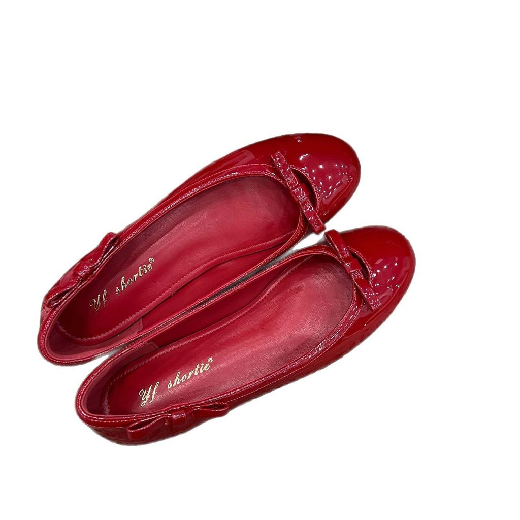 Inner Heightening Women's Shoes, Sexy Slightly Exposed Toe Sewn Patent Leather Ballet Shoes, and Outer Wear Small Fragrant Style Bow Round Head Shall