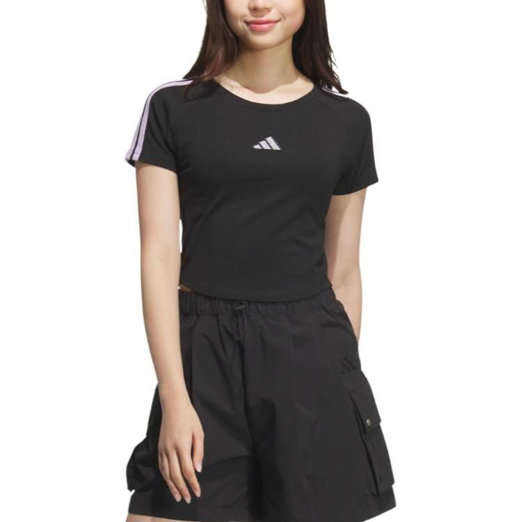 adidas T Shirts Women's Black/Powder Plum Purple Crew Neck Moderate KB7753