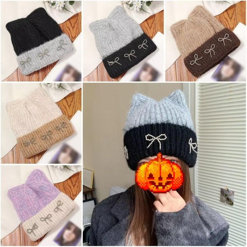 Fashion Casual Bowknot Knitted Hat Cat Ear Knitted Winter Hat Windproof Beanie Caps