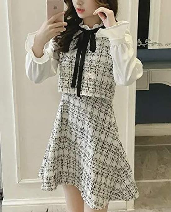 Check Tweed Ribbon Mini Dress Size [Nshop] (White, S)