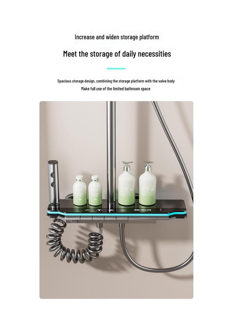 Gray Atmosphere Lighting All-Copper Shower Set with Thermostatic Digital Display and Pressurized Rain Shower Head