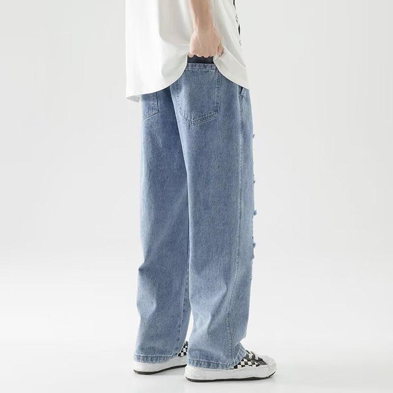 Jeans d'été 2024 pour hommes, coupe ample, déchirés, taille élastique - Style Hong Kong, influence coréenne