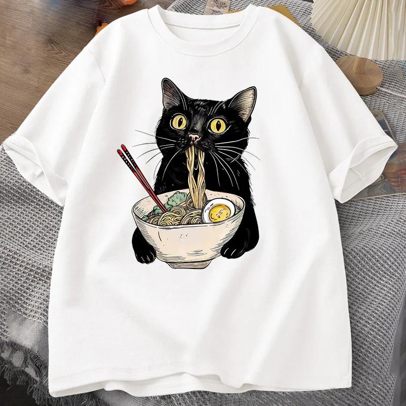 Noodle RaUnisex Cat TShirt Women Foodie Lover T Shirts Black Cat cartoon T Shirt Retro Casual Short Sleeve Tshirt for Unisex Clothes S