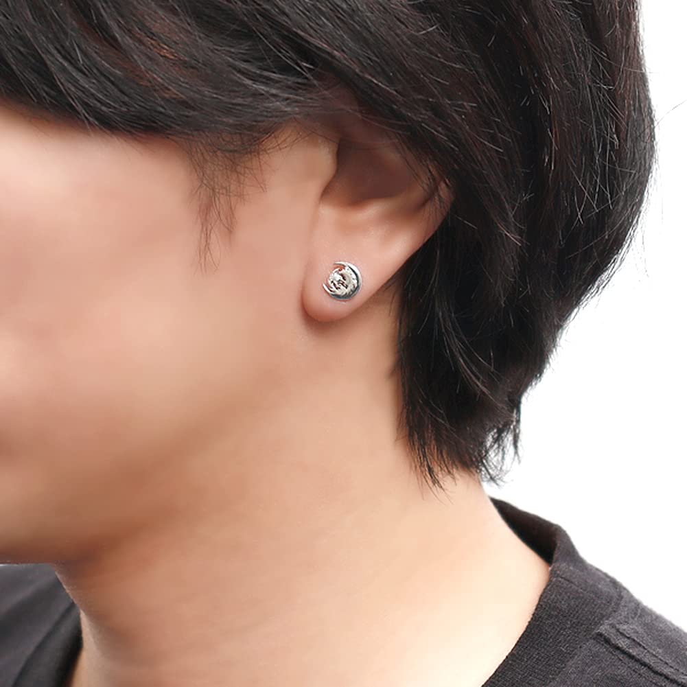 WOLFMAN B.R.S. Wolfman B.R.S. Silver 925 Moon Wolf Stud Earring (Single Earring) Wolf Moon Design for Men