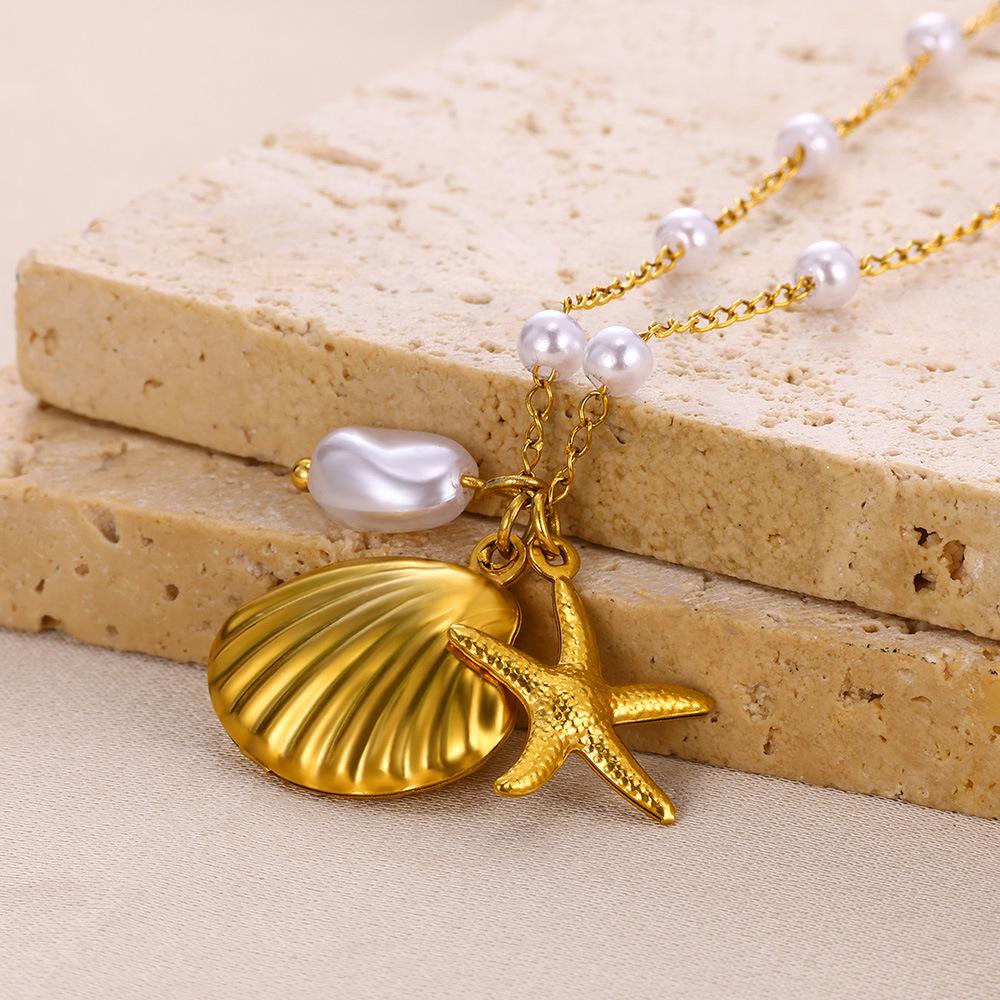 Stainless Steel Conch and Starfish Pendant Necklace - Ocean Vacation Style