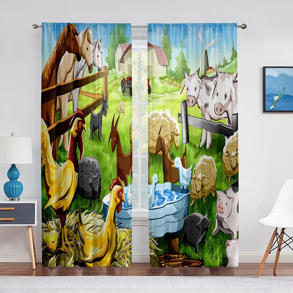 Cartoon Farm Animals Sheer Voile Curtain Cute Sheep Cow Pig In Rural Ranch Window Tulle Curtains for Living Room Bedroom Kitchen