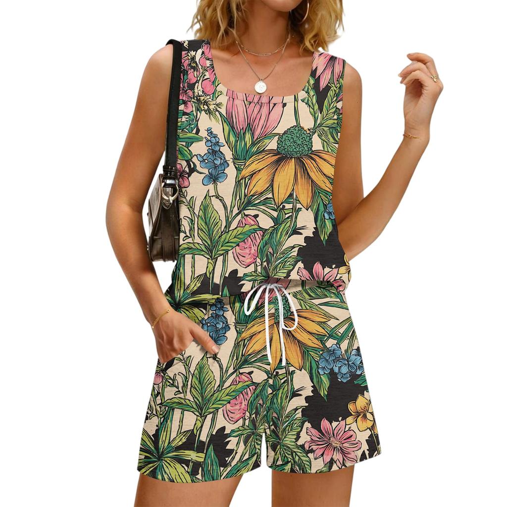 Completo Estivo Casual da Donna con Canotta a Stampa Floreale, Scollo Quadrato, Senza Maniche, Gilet Sportivo con Tasche e Pantaloncini, Abbigliamento Leggero per il Tempo Libero