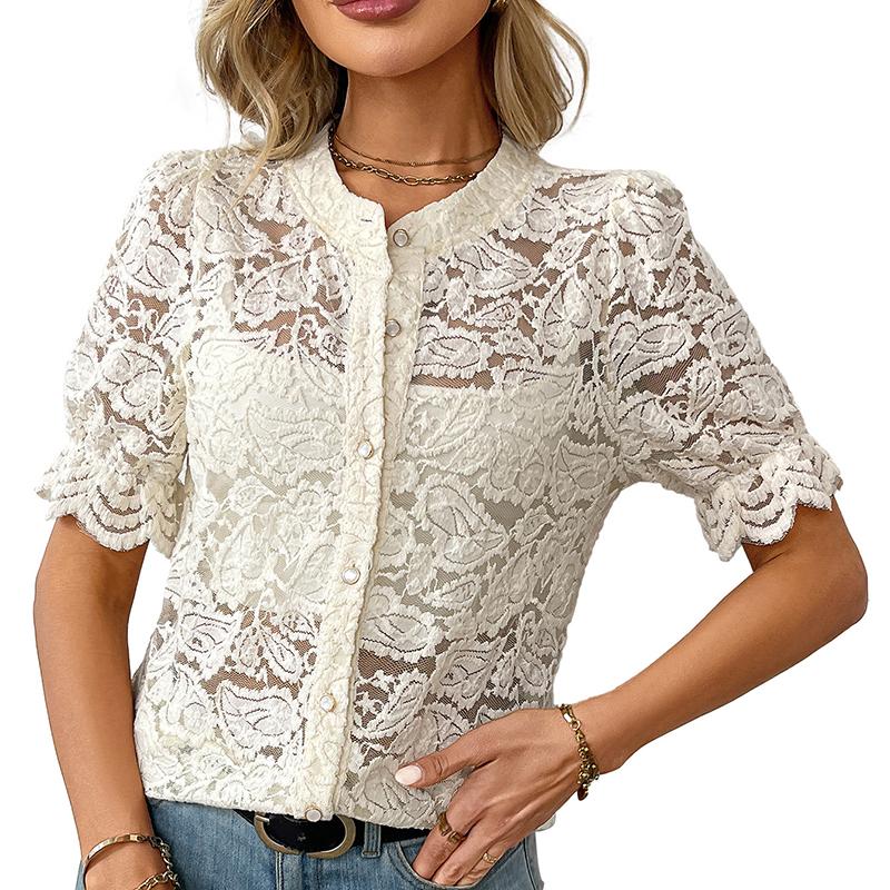 

Женская летняя футболка с коротким рукавом, круглым вырезом, кружевной вставкой, ажурная, дышащая, на пуговицах XL