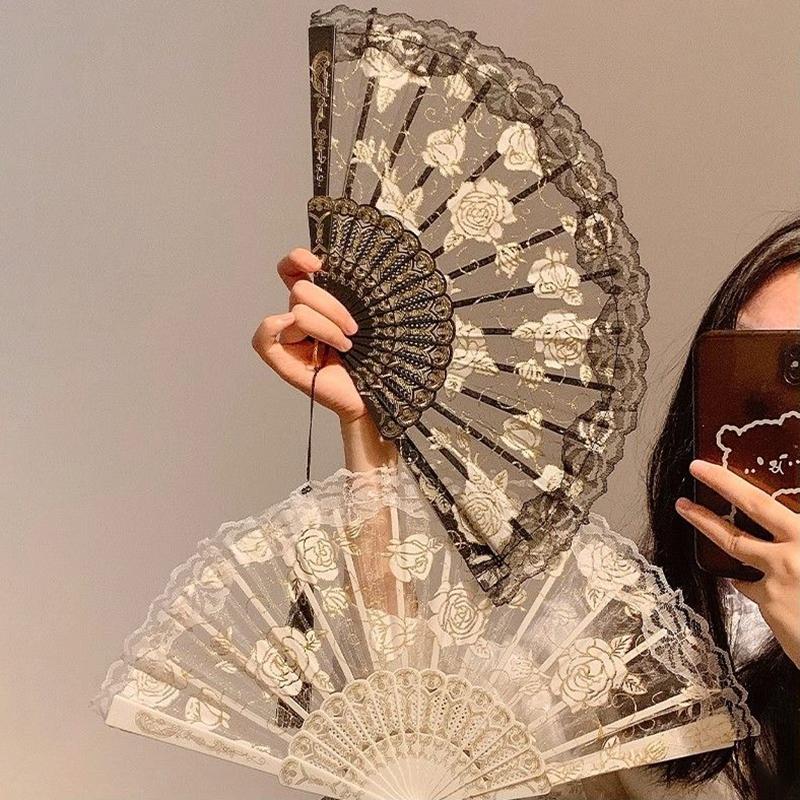 Folding Fan Lace Flower Decor Chinese Style Fan Hand Held Anitque Art Craft Japnese Summer Female Dance Home Party Decoration