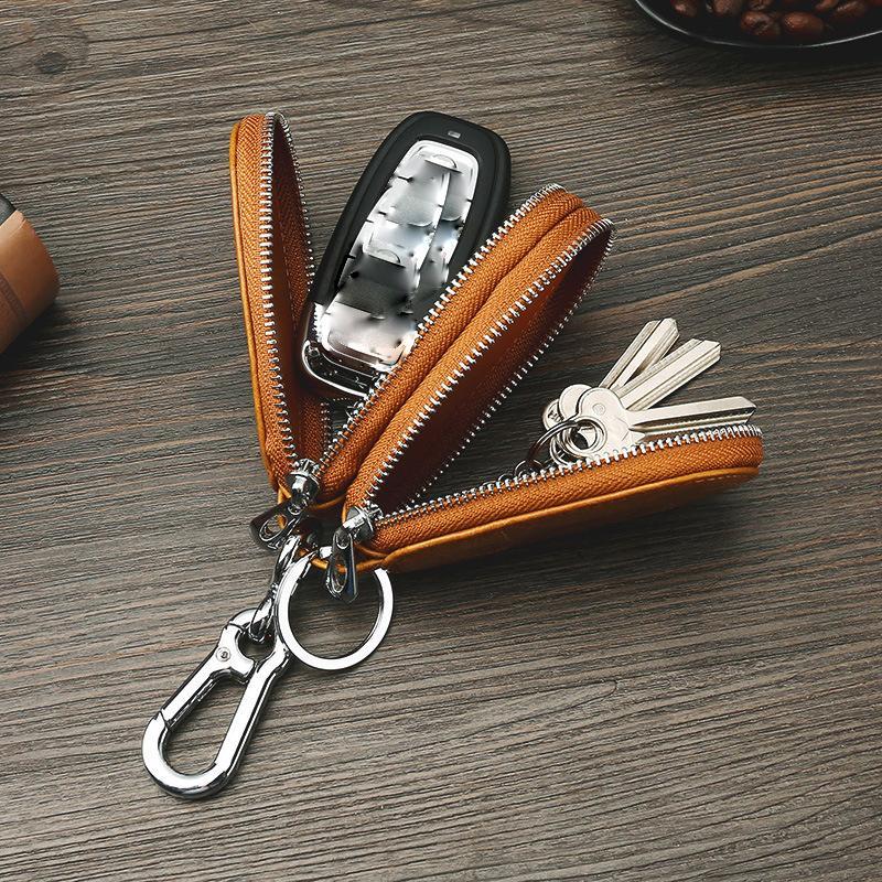Vintage Unisex Leather Key Case with Double Zipper and Multi-Function - Soft Surface Oil Wax, Car Key Holder, Genuine Cowhide