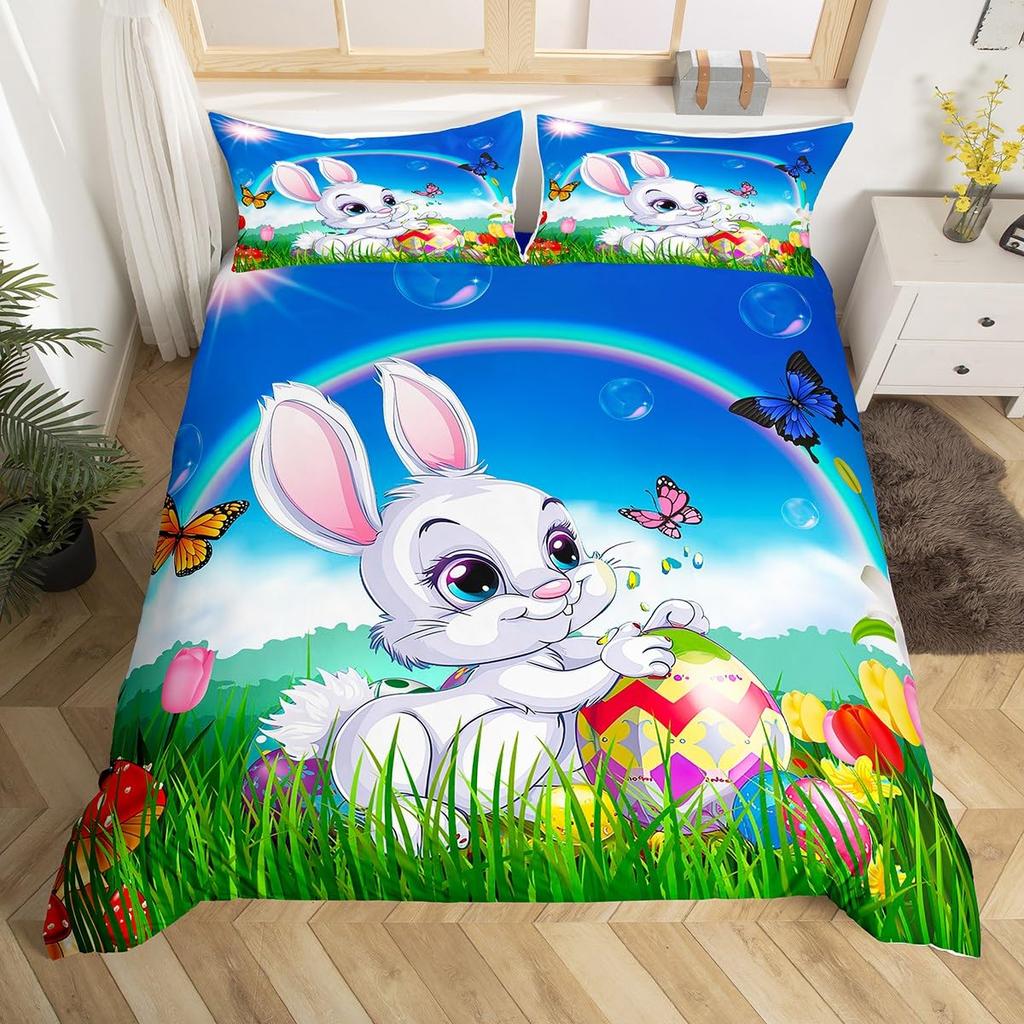 Happy Easter Bedding Set Cartoon Rabbit Egg Duvet Cover Full Kids Pink Purple Cute Bunny Comforter Cover Cute Animal Quilt Cover