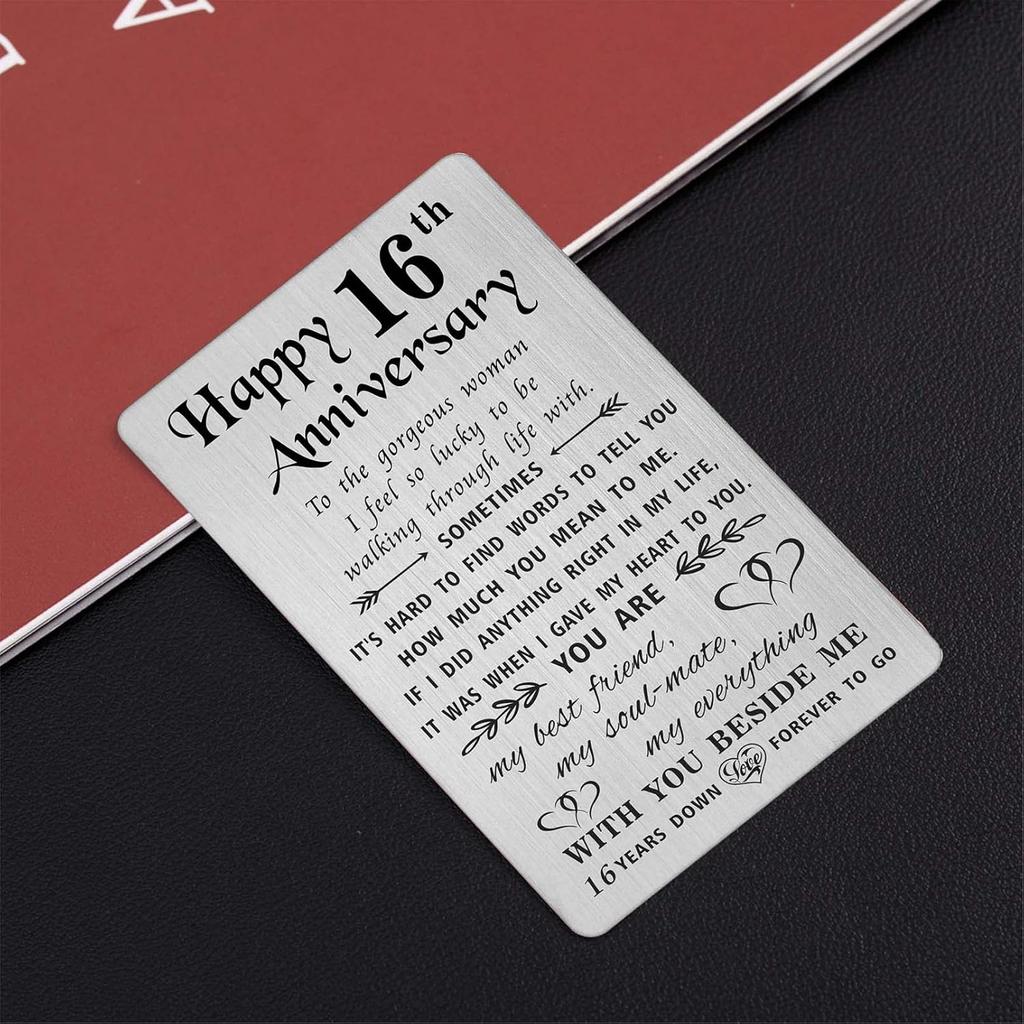 TANWIH 16th Anniversary Card for Wife - 16 Years Down Forever to Go - 16 Year Wedding Anniversary Card Gifts for Her Women, Engraved Metal Wallet