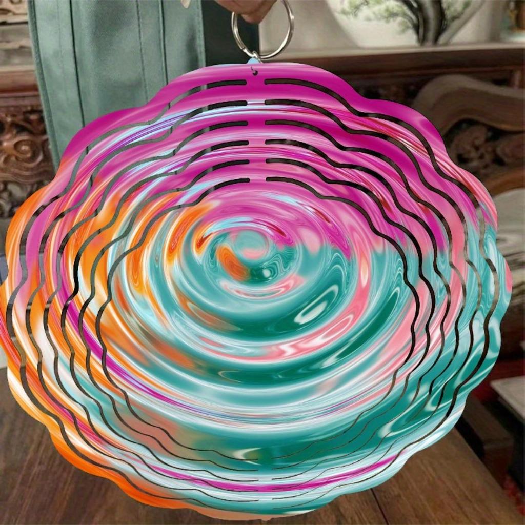 10-Inch Rotating Wind Spinner – Elegant Concentric Circles & Neon Spiral Design, 360° Swivel Hook for Balcony