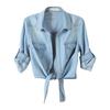 Dames Strik Zoom Denim Shirt Bolero Cropped Driekwartmouw Revers Denim Sjaal Casual Laagjes Bovenkleding Licht Donkerblauw 2 Kleuren