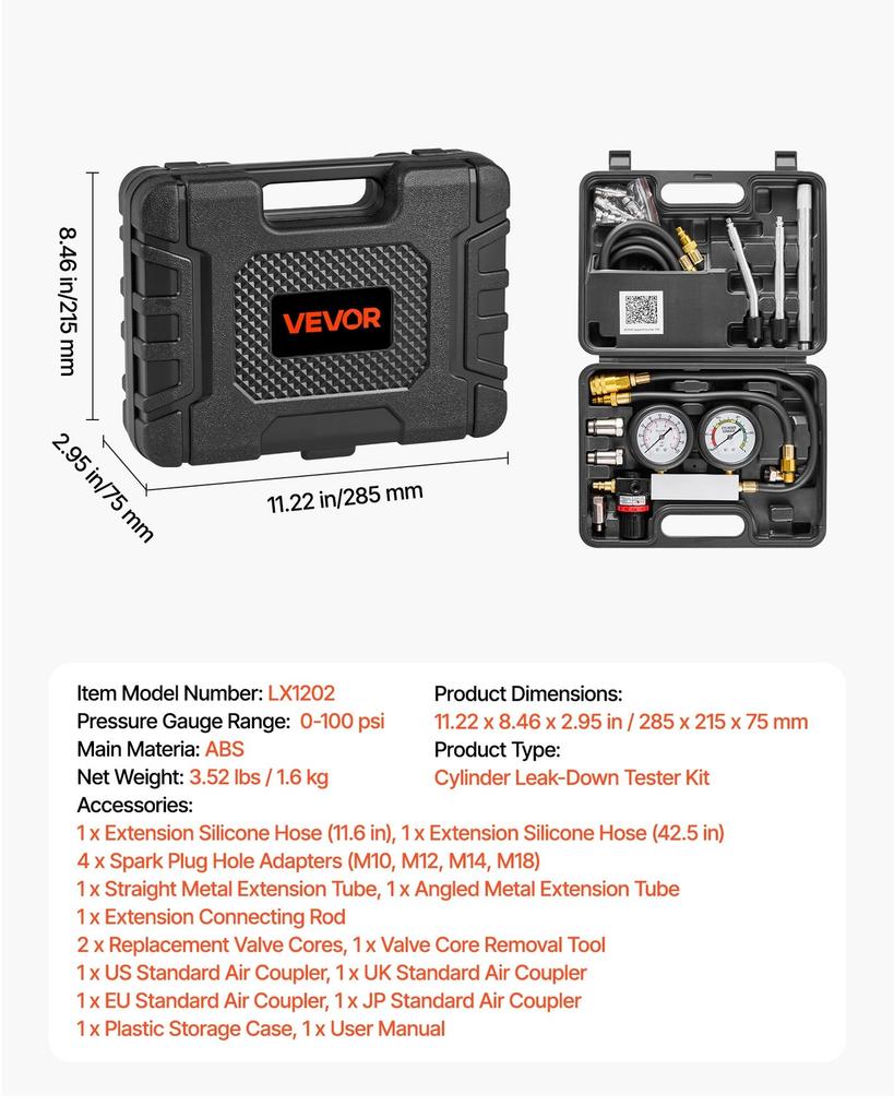 Engine Cylinder Compression Tester Kit, Pressure Gauge Range of 0-100 PSI, Automotive Leak Down Tester Kit with 4 Adapters, 2 Metal Tubes, Pressure