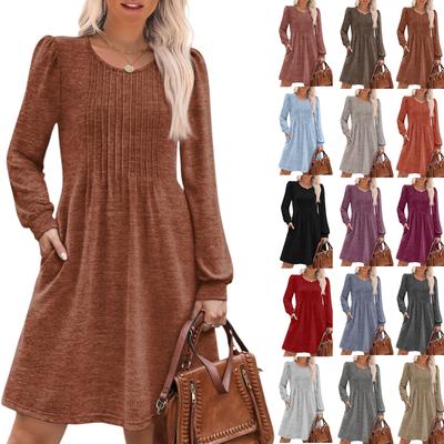Damen Langarm Plissee Rundhals Einfarbig Lässiges Kleid mit Taschen