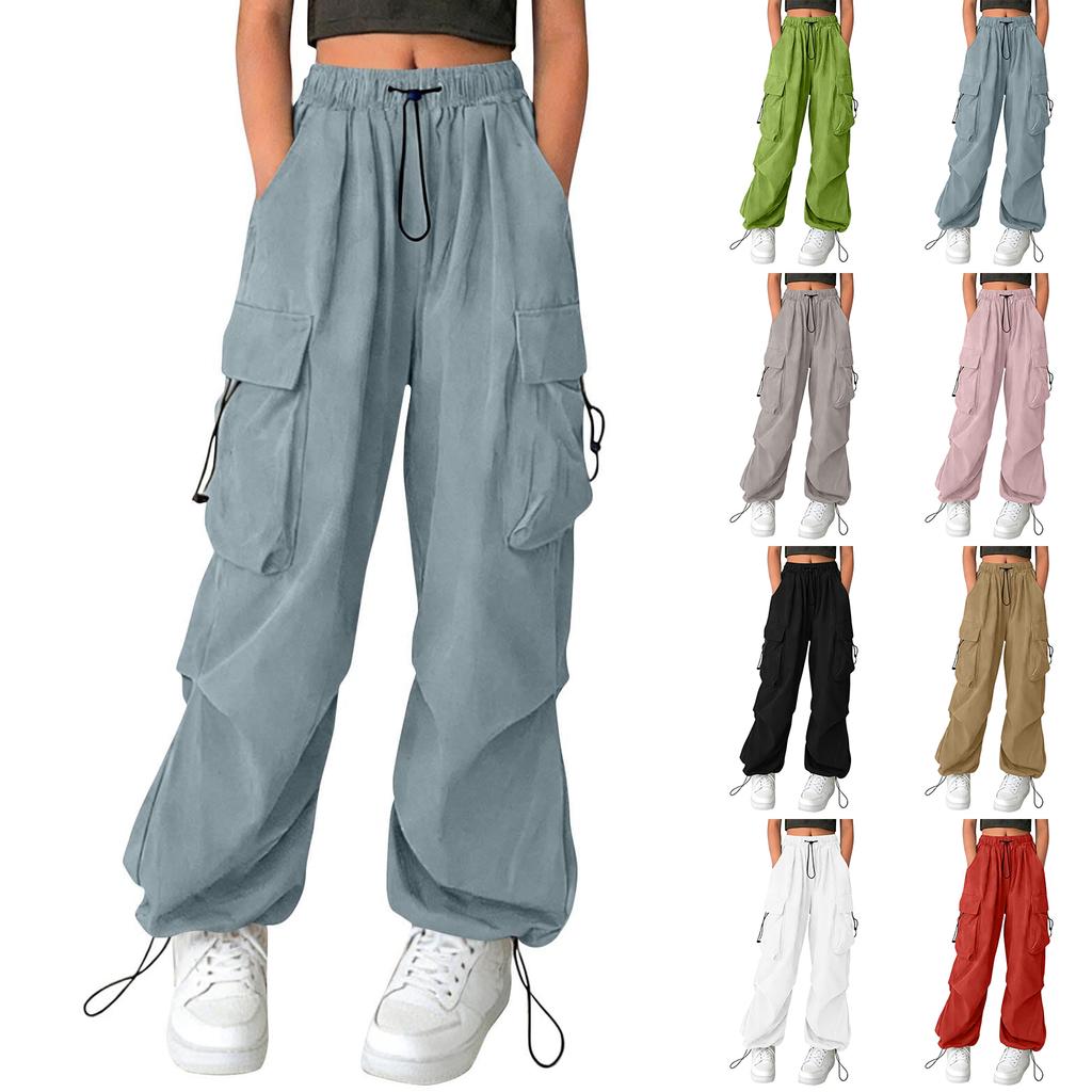 Women's Drawstring Waist Cargo Pants Loose Fit Multi Pocket Trousers with Adjustable Hem for Casual Daily Wear