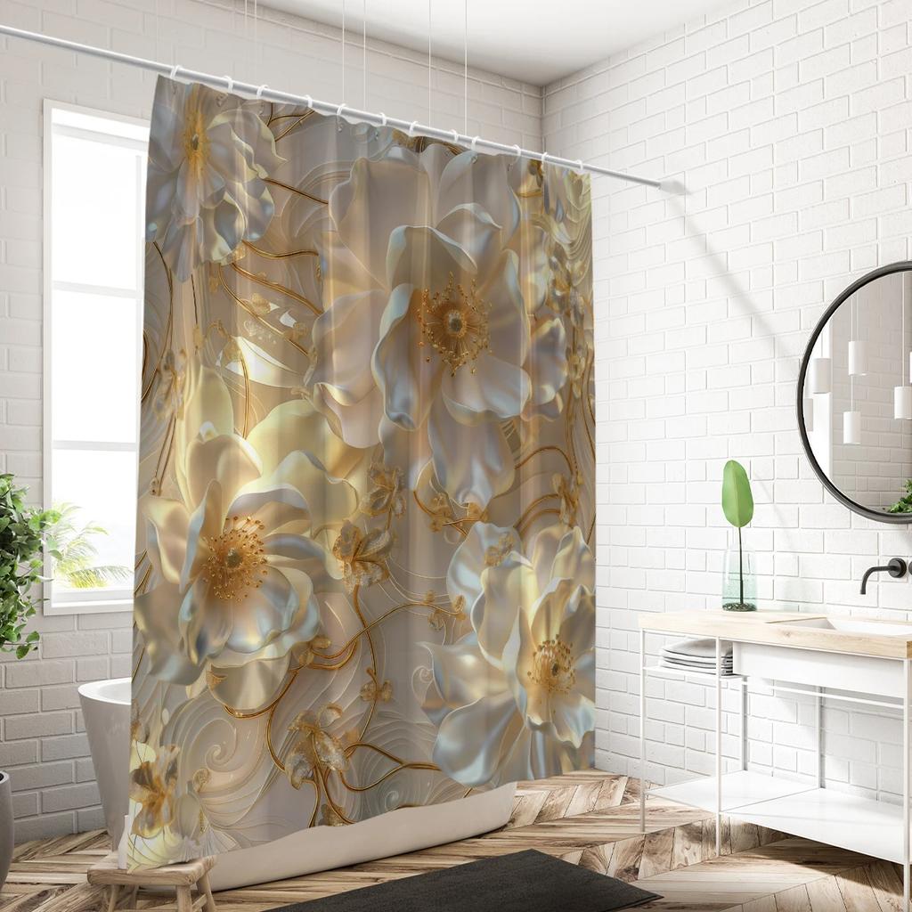 1PC 3D relief flower pattern printed shower curtain, waterproof, with 12 hooks, bathroom showers, bathtub, home use