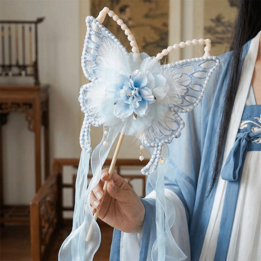 Chinese Style Retro Butterfly Fan Traditional Ancient Embroidery Fan Decorative Fluffy Silk Flower Fan Ancient Style Performance