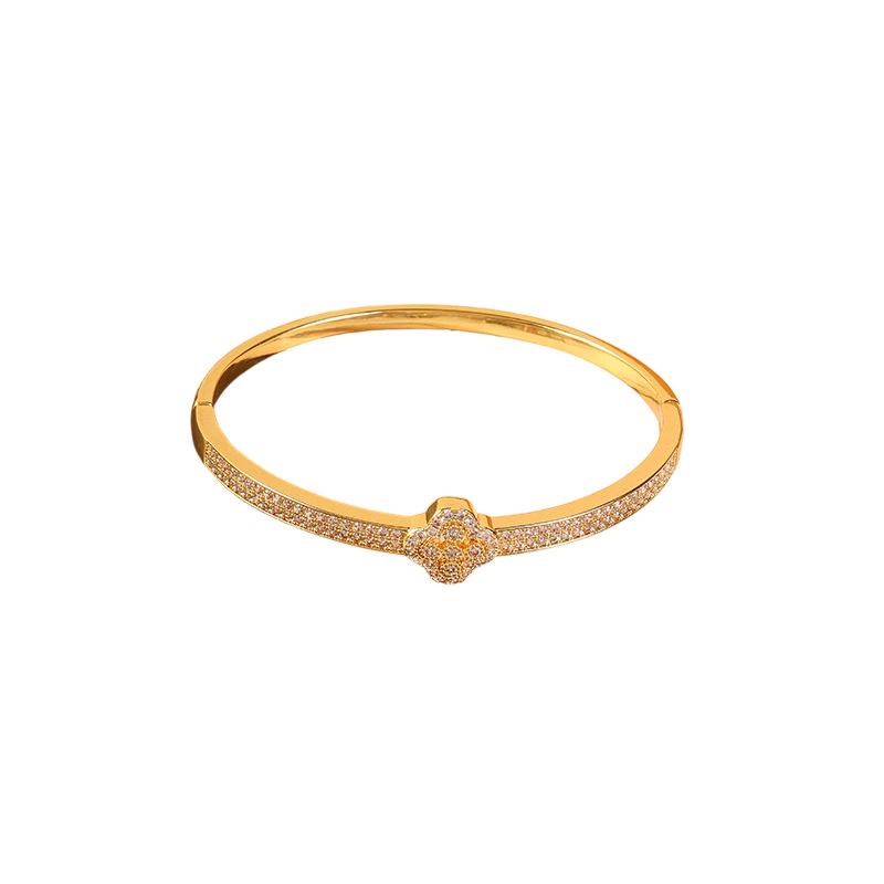Versatile Luxury Diamond Four-Leaf Clover Women's Open Bangle Bracelet